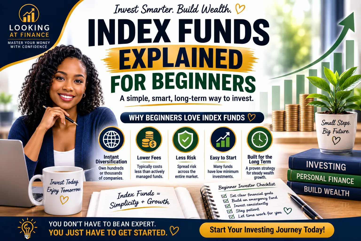 Index funds explained for beginners, highlighting diversification, lower fees, reduced risk, easy investing, and long-term wealth building.