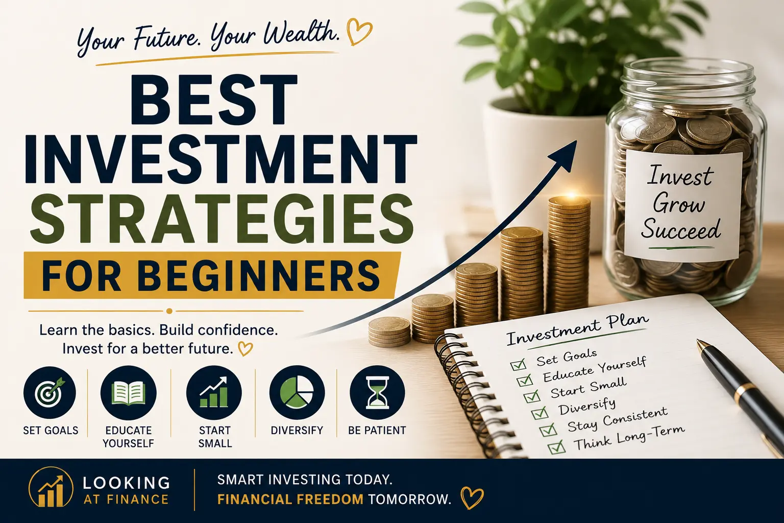 Best investment strategies for beginners, featuring practical tips to set financial goals, educate yourself, start investing with small amounts, diversify your investments, stay consistent, and think long term.