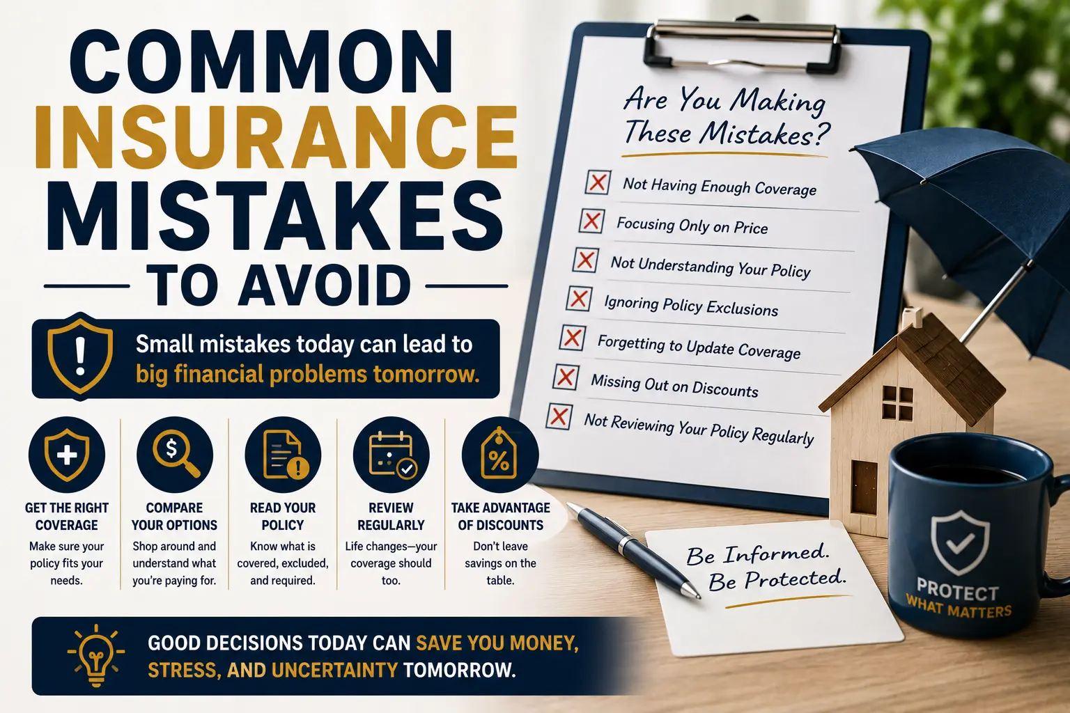 Common insurance mistakes to avoid, including inadequate coverage, focusing only on price, and failing to review your policy.
