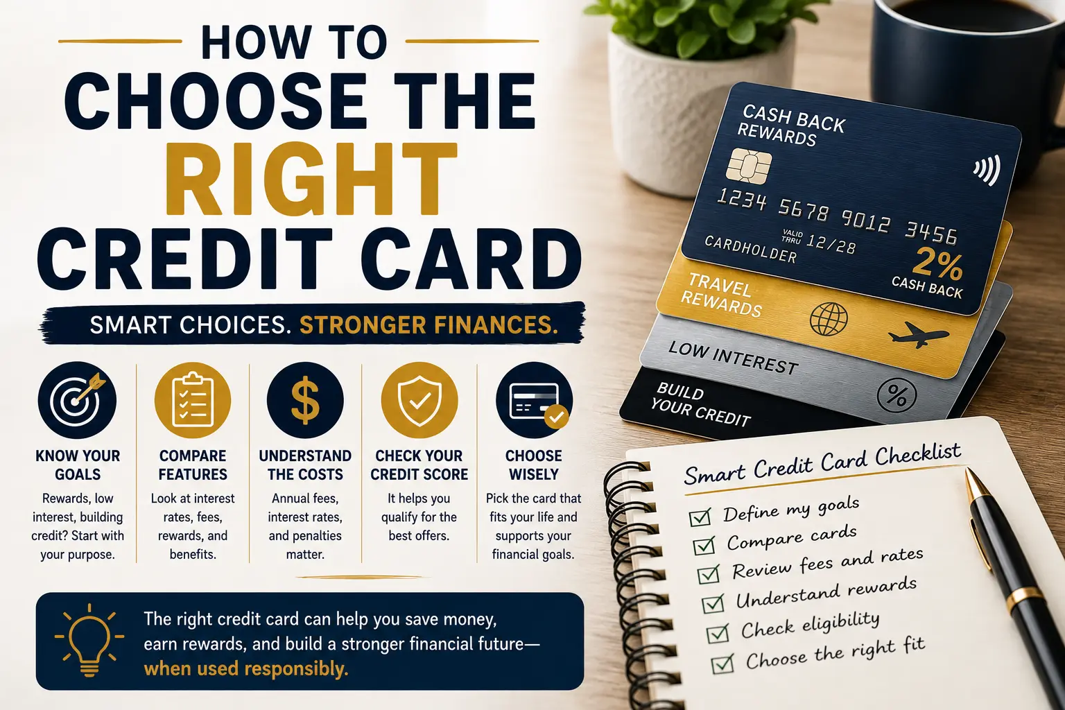 How to choose the right credit card by comparing rewards, fees, interest rates, credit score, and financial goals.