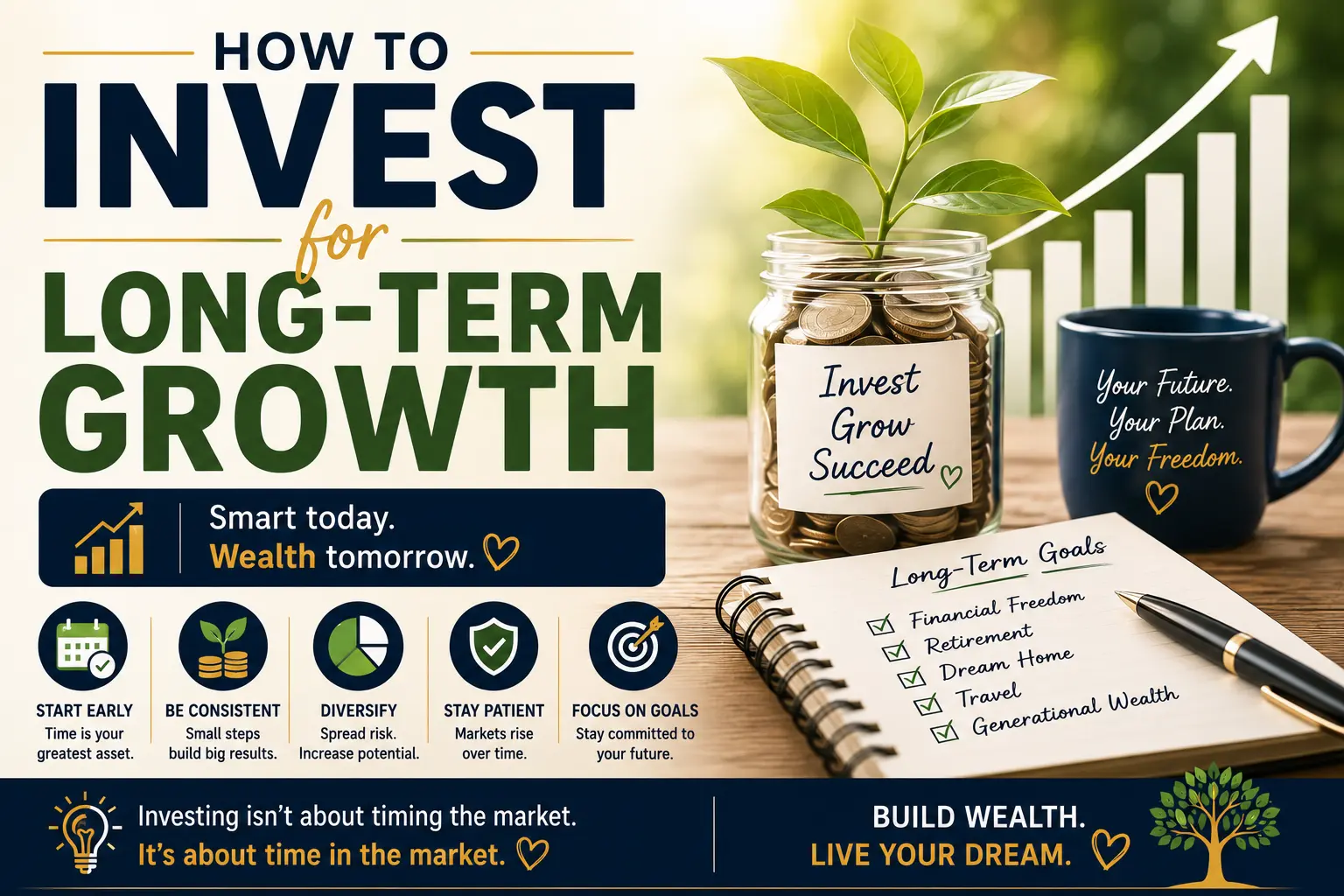How to invest for long-term growth with strategies including starting early, consistent investing, diversification, patience, and goal setting.