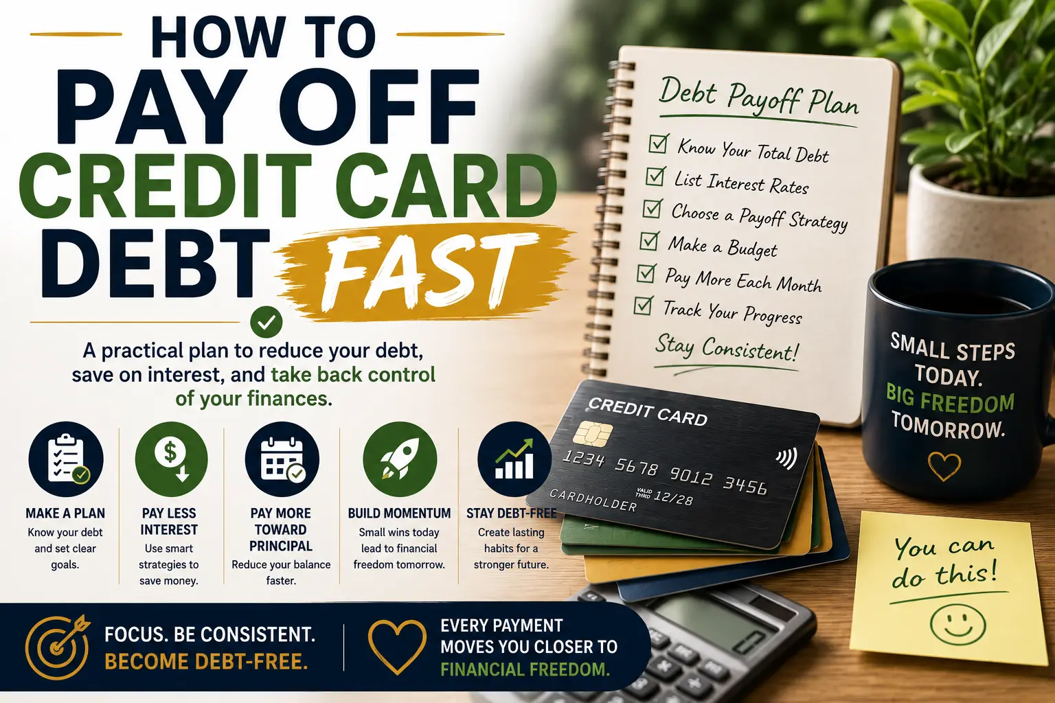 How to pay off credit card debt fast with a plan to reduce interest, pay more toward principal, and become debt-free.
