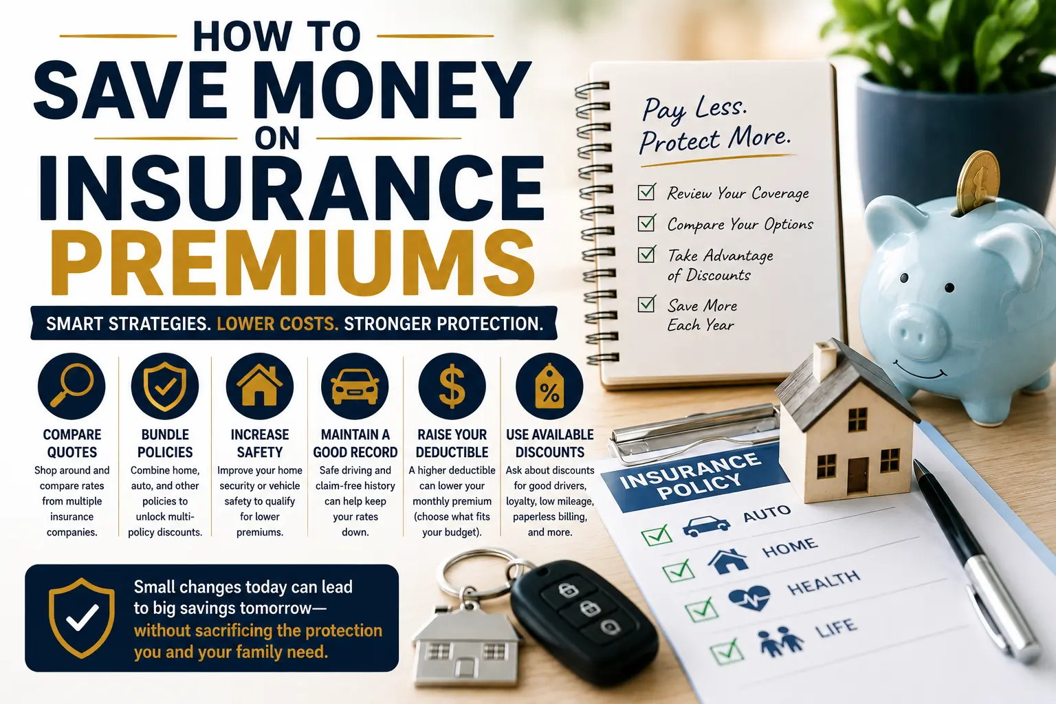 How to save money on insurance premiums with tips for comparing quotes, bundling policies, increasing safety, and using discounts.