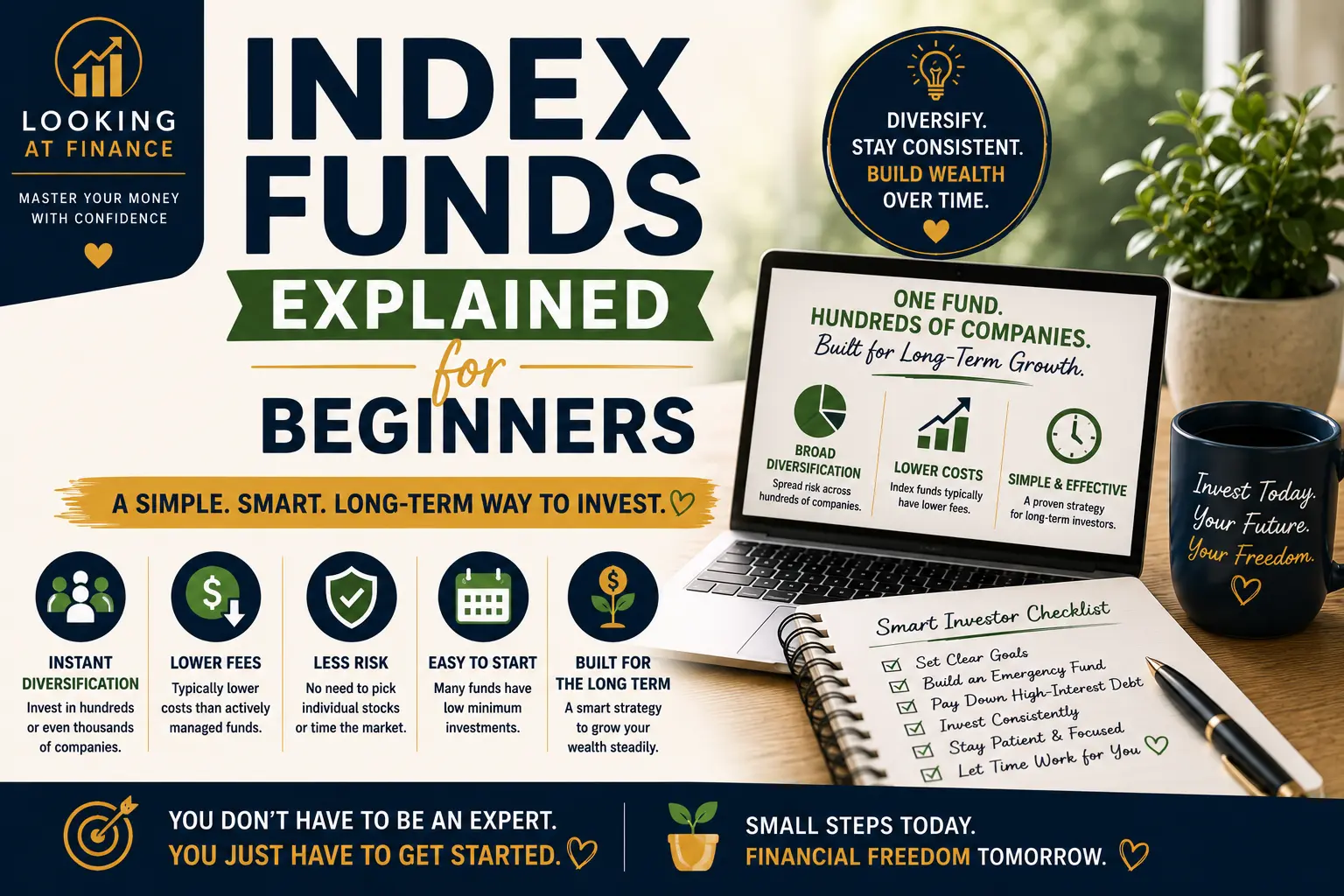 Index funds explained for beginners, highlighting diversification, lower fees, easy investing, reduced risk, and long-term wealth building.