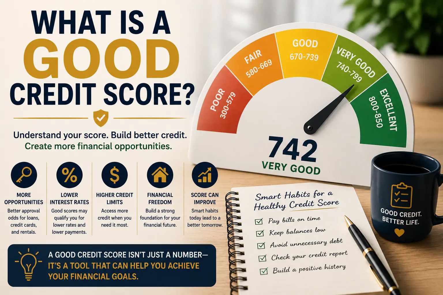 What is a good credit score? Graphic showing a 742 very good credit score and habits for building healthy credit.